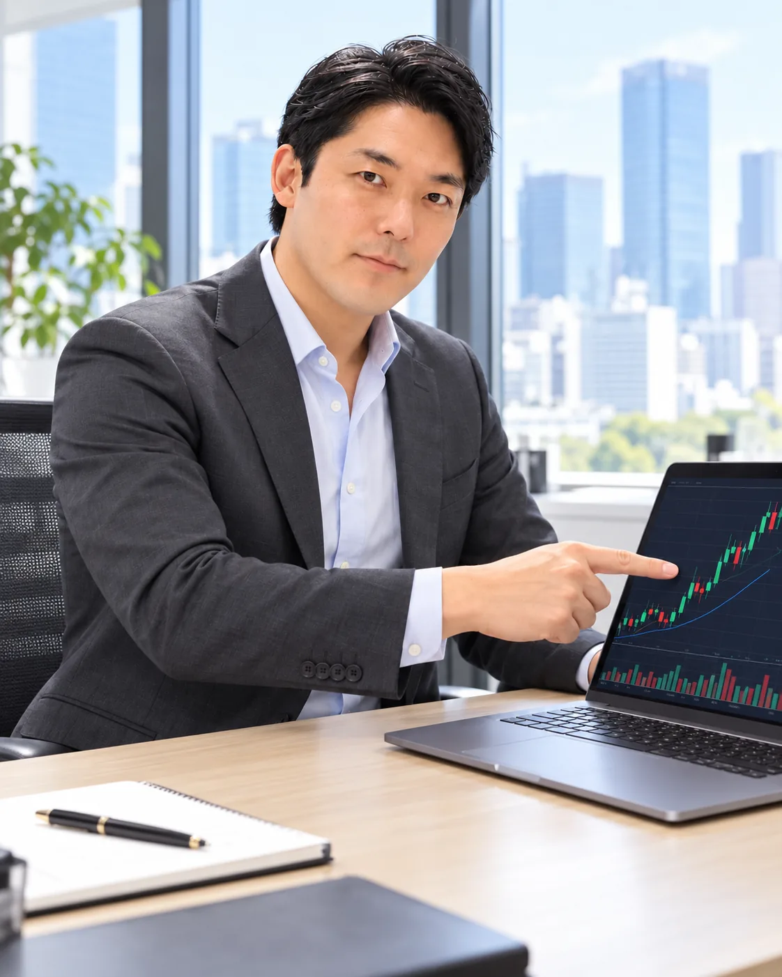 オフィスで市況チャートを解説する中田敦彦