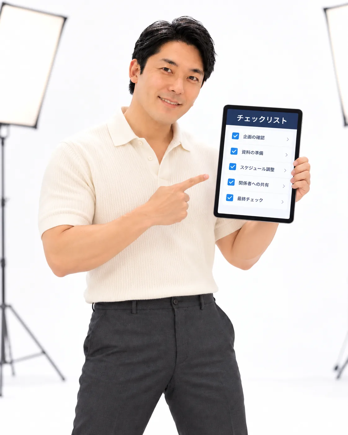 スタジオでチェックシートを説明する中田敦彦